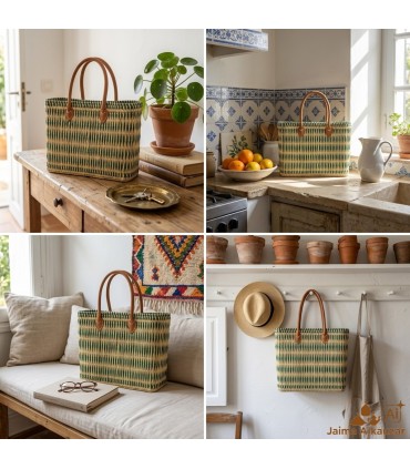 Panier Marocain Artisanal en Osier avec Poignées en Cuir | Sac de Plage, Piscine et Marché