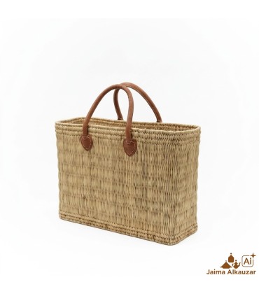 Panier Artisanal en Osier Naturel avec Poignées en Cuir - Panier Marocain pour Plage, Marché et Usage Quotidien