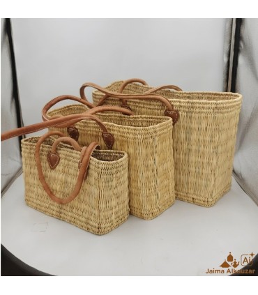 Panier Artisanal en Osier Naturel avec Poignées en Cuir - Panier Marocain pour Plage, Marché et Usage Quotidien
