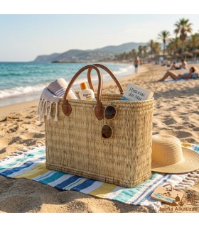 Panier Artisanal en Osier Naturel avec Poignées en Cuir - Panier Marocain pour Plage, Marché et Usage Quotidien
