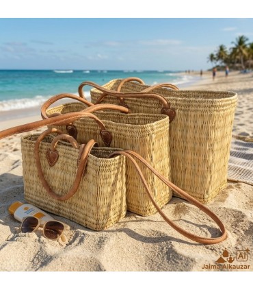 Panier Artisanal en Osier Naturel avec Poignées en Cuir - Panier Marocain pour Plage, Marché et Usage Quotidien