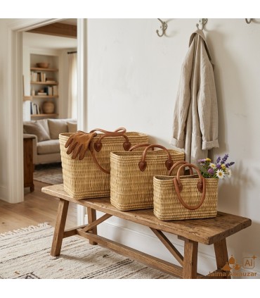 Panier Artisanal en Osier Naturel avec Poignées en Cuir - Panier Marocain pour Plage, Marché et Usage Quotidien