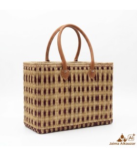 Panier artisanal en osier avec motif grenat et poignées en cuir | Panier marocain pour la plage, le marché et le quotidien