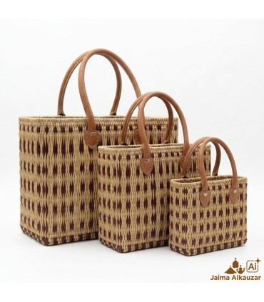 Panier artisanal en osier avec motif grenat et poignées en cuir | Panier marocain pour la plage, le marché et le quotidien