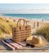 Panier artisanal en osier avec motif grenat et poignées en cuir | Panier marocain pour la plage, le marché et le quotidien