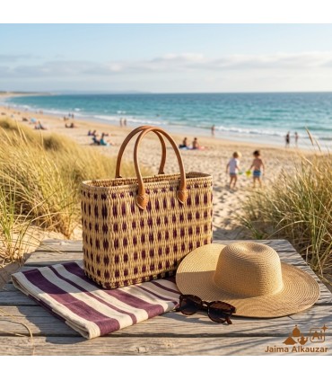 Panier artisanal en osier avec motif grenat et poignées en cuir | Panier marocain pour la plage, le marché et le quotidien