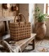 Panier artisanal en osier avec motif grenat et poignées en cuir | Panier marocain pour la plage, le marché et le quotidien