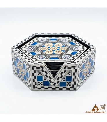 Caja de 6 Posavasos Hexagonales de Taracea Egipcia Artesanal – Mosaico Decorativo Hecho a Mano - Alta Calidad