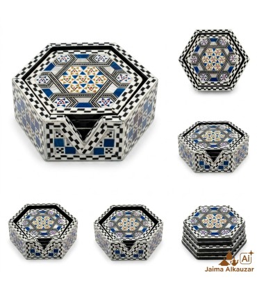 Caja de 6 Posavasos Hexagonales de Taracea Egipcia Artesanal – Mosaico Decorativo Hecho a Mano - Alta Calidad