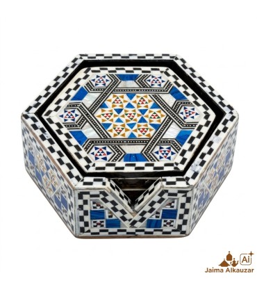 Caja de 6 Posavasos Hexagonales de Taracea Egipcia Artesanal – Mosaico Decorativo Hecho a Mano - Alta Calidad