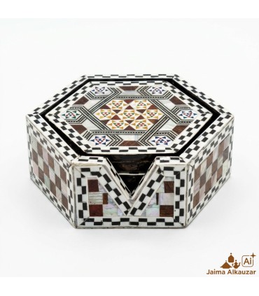 Caja de 6 Posavasos Hexagonales de Taracea Egipcia Artesanal – Mosaico Decorativo Hecho a Mano - Alta Calidad