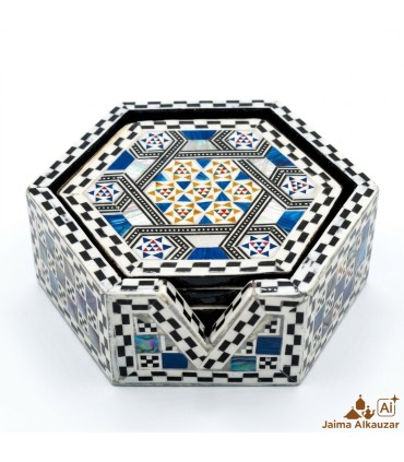Caja de 6 Posavasos Hexagonales de Taracea Egipcia Artesanal – Mosaico Decorativo Hecho a Mano - Alta Calidad