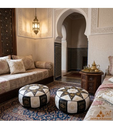 Arabian Puff 100% Leder - Schwarze Farbe Marokkanisches Kunsthandwerk - Modell Laun Aswad