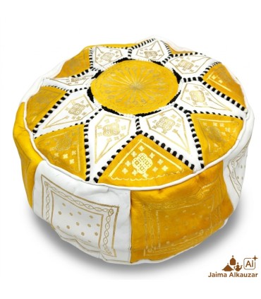 Puff Árabe 100% Couro - Amarelo - Artesanato Marroquino - Modelo Laun Safri