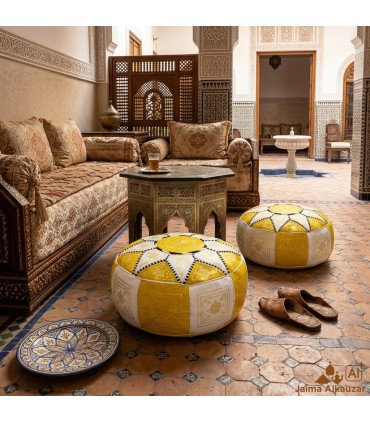 Arabian Puff 100% Leather - Yellow - Moroccan Crafts - Laun Safri Model