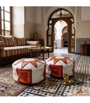 Arabian Puff 100% Leather - Red Color Moroccan Crafts - Laun Ahmar Model
