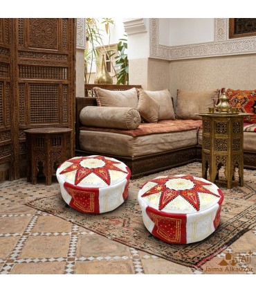 Puff Arabo 100% Pelle - Colore Rosso Artigianato Marocchino - Modello Laun Ahmar