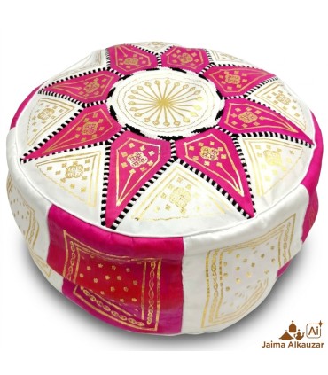 Pouf Arabe 100% Cuir - Couleur Rose Artisanat Marocain - Modèle Laun Zahri