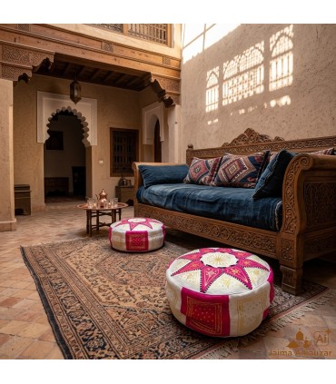 Puff Arabo 100% Pelle - Colore Rosa Artigianato Marocchino - Modello Laun Zahri