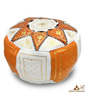 Pouf Arabe 100% Cuir - Couleur Orange Artisanat Marocain - Modèle Laun Burtukal