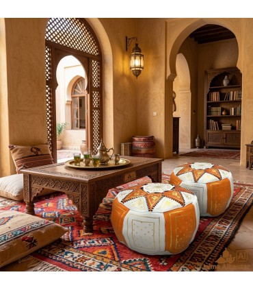 Arabian Puff 100% Leder - Orange Farbe Marokkanisches Handwerk - Modell Laun Burtukal