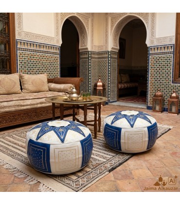 Arabian Puff 100% Leder - Marineblaue Farbe Marokkanisches Kunsthandwerk - Modell Laun Azrak Bahri