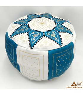 Puff Arabo 100% Pelle - Colore Azzurro Artigianato Marocchino - Modello Laun Azrak Samawi