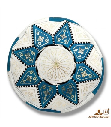 Puff Árabe Cuero 100% - Color Azul Cielo Artesanía Marroquí - Modelo Laun Azrak Samawi