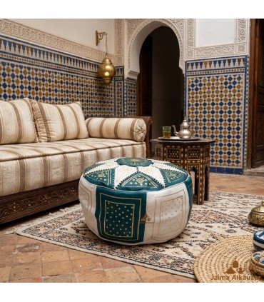 Arabian Puff 100 % Leder – korallengrüne Farbe marokkanisches Kunsthandwerk – Modell Laun Akhdar Bahri