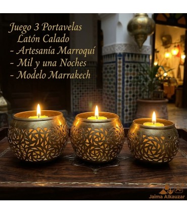 Juego 3 Portavelas Latón Calado - Artesanía Marroquí - Mil y una Noches - Modelo Marrakech