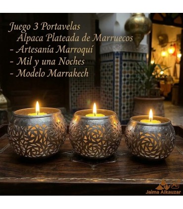 Juego 3 Portavelas Latón Calado - Artesanía Marroquí - Mil y una Noches - Modelo Marrakech