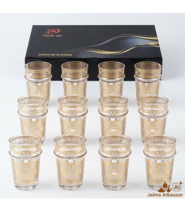 Pack de 12 Vasos de Té Dorados con Diseño Geométrico | Vidrio 100 ml