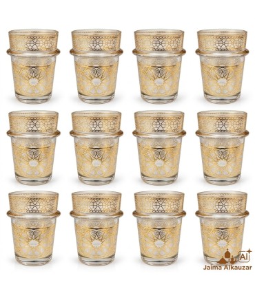Pack de 12 Vasos de Té Dorados con Diseño Geométrico | Vidrio 100 ml