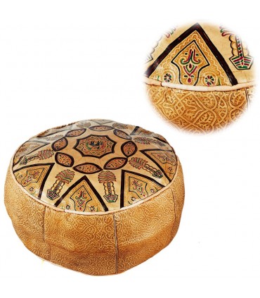 Puff Cuir Camel arabe - Impressions ethniques et Reliefs - 50 cm