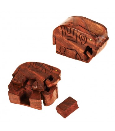 Caja Puzzle Elefante Madera - Compartimento Secreto - 11,5 cm