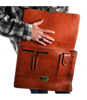 Sincronia file Office in pelle - 3 scomparti - tasca interna per cellulare - 38cm