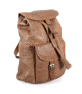 Mochila de couro com relevo - gravura árabe - 2 cores - 6 compartimentos