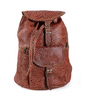 Mochila Cuero  Repujado - Grabado Arabe - 2 Colores - 6 Compartimentos