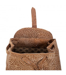 Mochila de couro com relevo - gravura árabe - 2 cores - 6 compartimentos