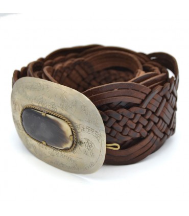 Ceinture en cuir tressé avec incrustation d'os - Alpaga - 95 cm - Modèle Adham