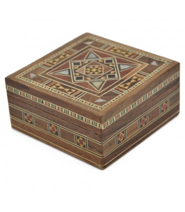 Caixa Quadrada Incrustada Síria - Madeira e Madrepérola - 8 cm - Modelo Palmira
