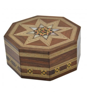 Boîte octogonale incrustée syrienne - Motif mosaïque - Modèle Al Raqa - 9 cm