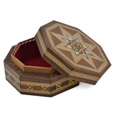 Boîte octogonale incrustée syrienne - Motif mosaïque - Modèle Al Raqa - 9 cm