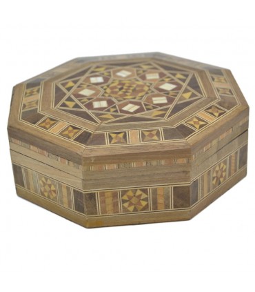 Caja Taracea Octogonal Siria - Tapa Decorado Geometrico- 15.5 cm