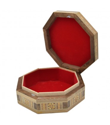 Syrische achteckige eingelegte Box - Geometrisch verzierter Deckel - 15,5 cm