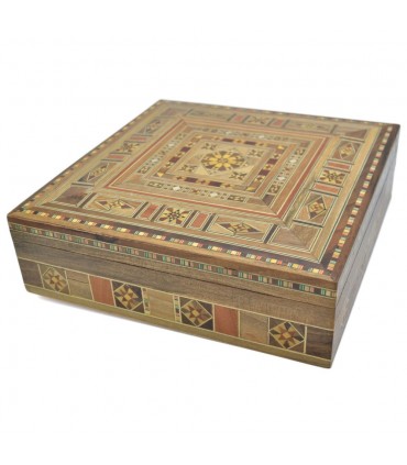 Square Syria Taracea Box - Wood and Nacre Decoration - 19.5 cm