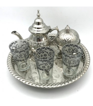Juego de Té Arabe- Tetera - Bandeja Patas - 3 Vasos - Azucarero