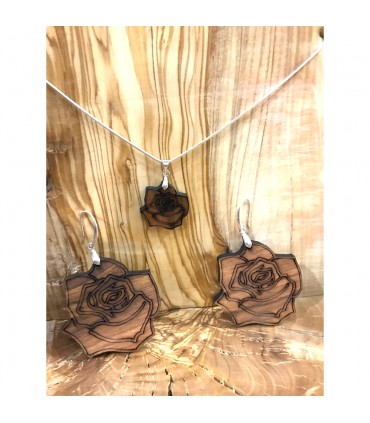 Conjunto de brincos de pingente e rosa - madeira de oliveira com prata