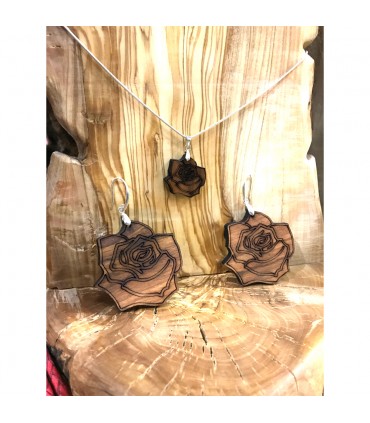 Ensemble pendentif et boucles d'oreilles rose - bois d'olivier et argent