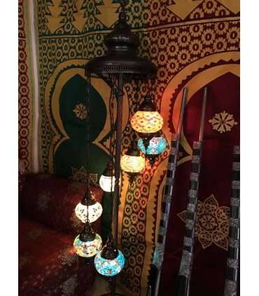 Lampe turque à 7 boules - Sol - Hauteur 110 cm - Verre de Murano - Mosaïque